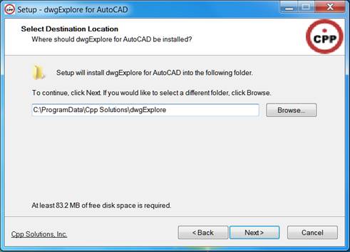 Select install location for dwgExplore for AutoCAD.