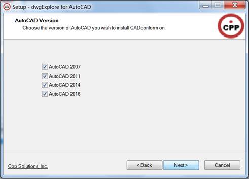 Select AutoCAD versions that dwgExplore will be installed for.