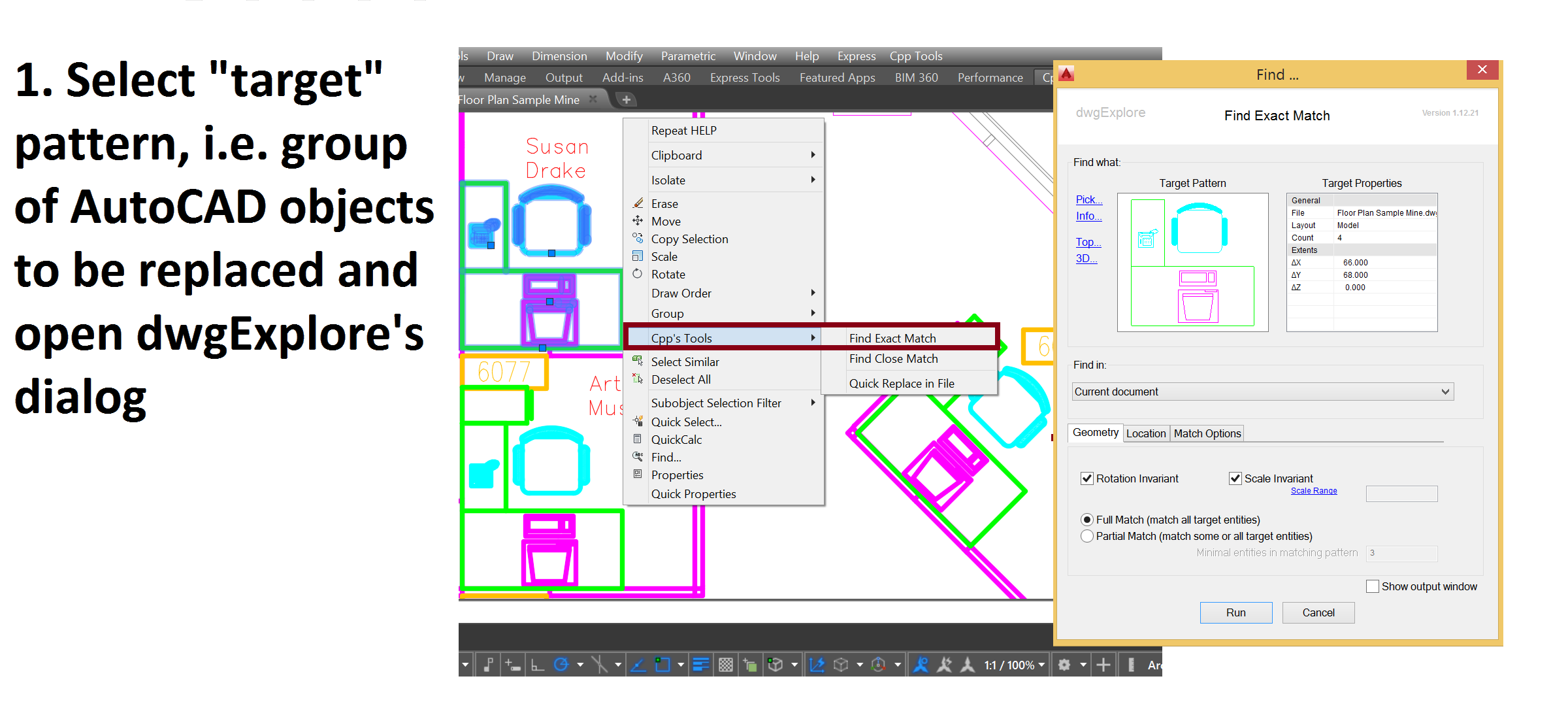 Select target pattern(objects) for dwgExplore plugin.