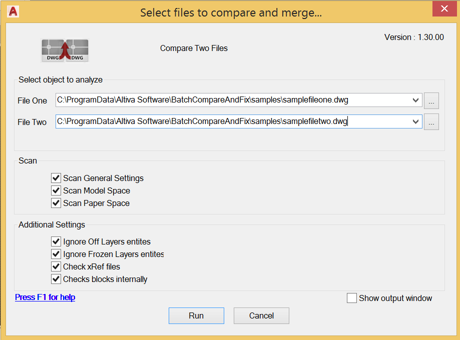 Select files/directories to be comapared and merged in dwgMerge plugin.
