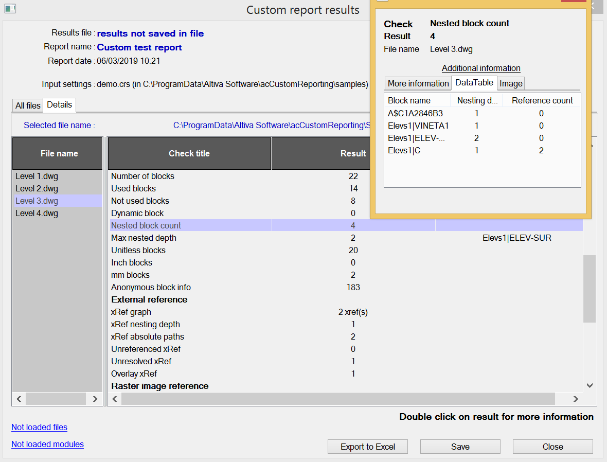 Report output for batch of drawing files - Selected file details