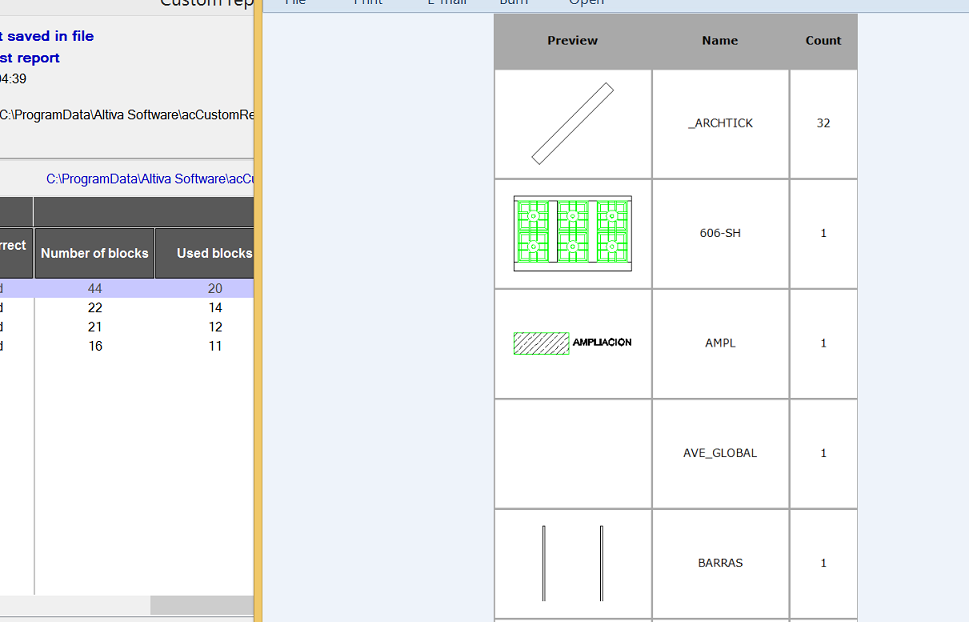 Report output for batch of drawing files - List of used blocks